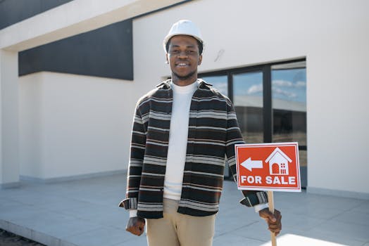 Young black male realtor holding a for sale sign in front of a modern house, smiling.