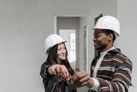 A smiling couple wearing safety helmets, holding keys, symbolizing new home ownership.