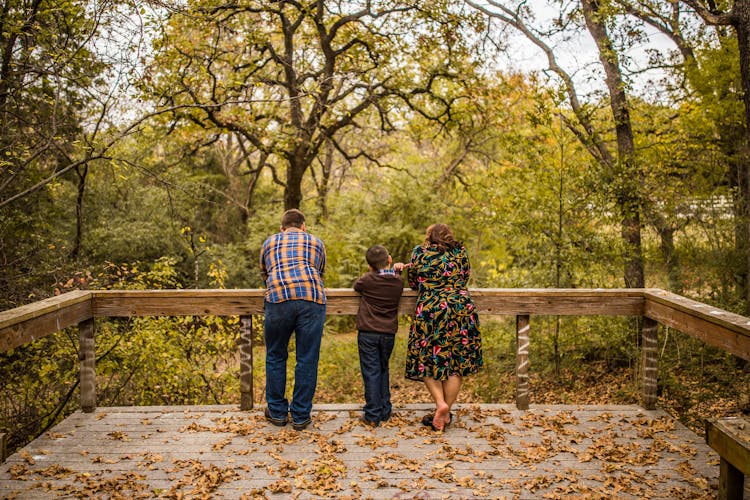 Family Looking At Forest From Wooden Terrace