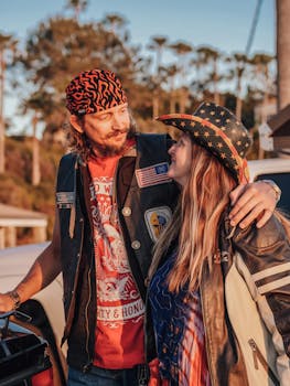 A couple wearing leather jackets and hats share a moment outdoors with motorcycles.