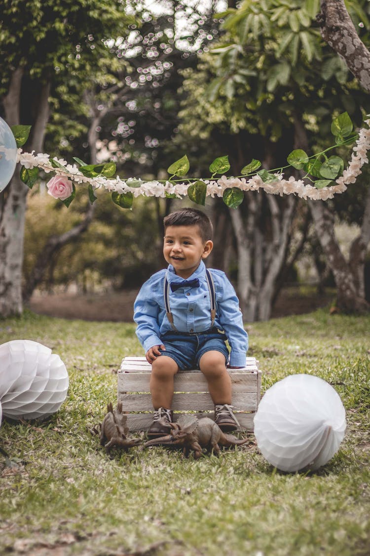 Boy In Blue Shirt  Sitting On Wooden Crate