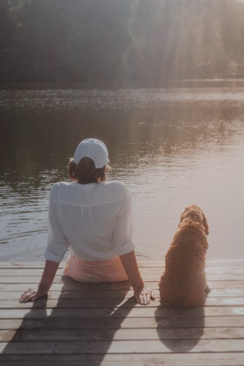 Back View of a Woman Sitting Beside a Dog