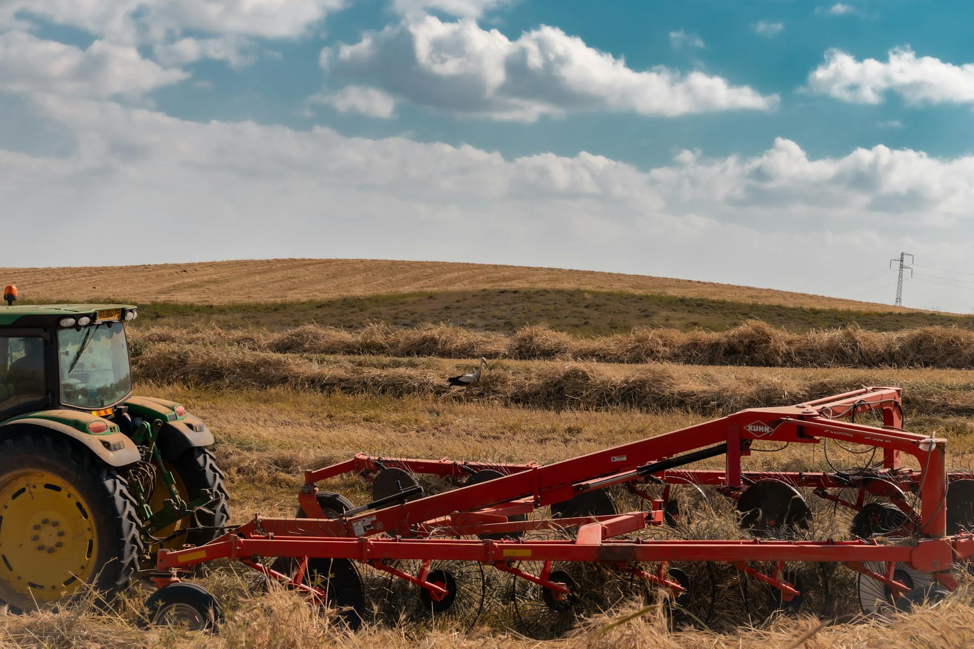 A tractor with a disc harrow in a wheat field under a cloudy sky.