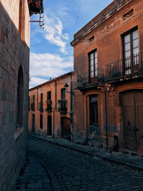 A Brown Houses Near the Cobblestone Street