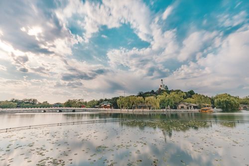 Free Beautiful view of Beihai Park's lake and white pagoda reflecting in calm waters in Beijing, China. Stock Photo