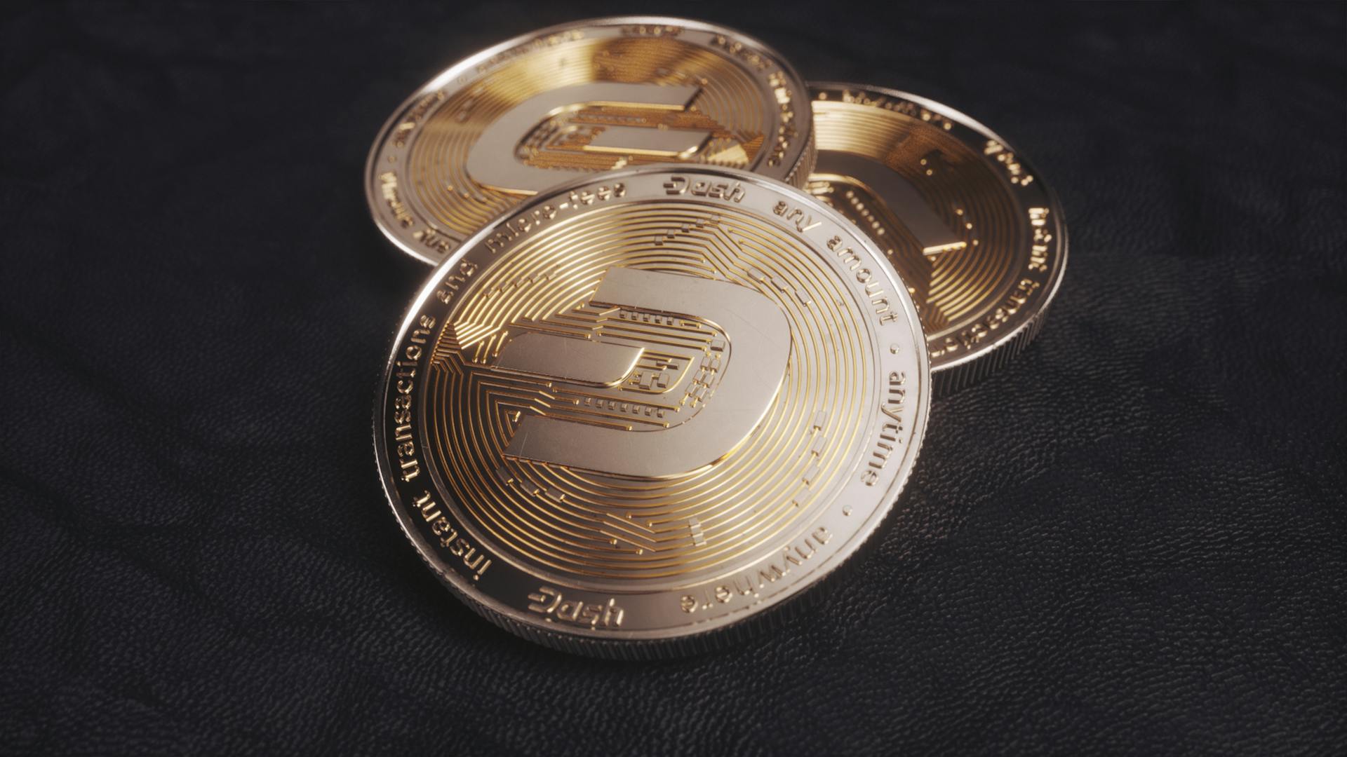 Detailed image of Dash coins symbolizing digital currency and blockchain technology.