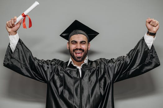 Smiling graduate celebrating with diploma in hand, wearing cap and gown.