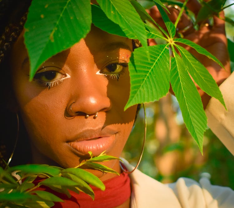 Woman With Nose Rings And White Tear Ducts Under Green Leaves