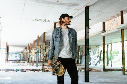 Stylish skater in denim and cap stands holding skateboard in graffiti-covered building.