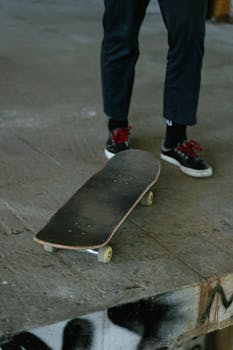 A skateboarder prepares for tricks in an urban skate park, showcasing street style and balance.