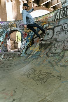 Skateboarder in denim jacket performs a trick on a colorful graffiti ramp at a skate park.