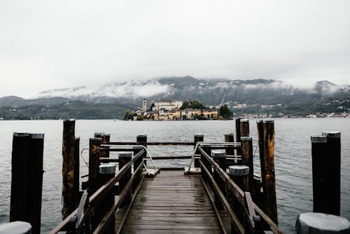 San Giulio Island on Lake Orta from a Wooden Pier