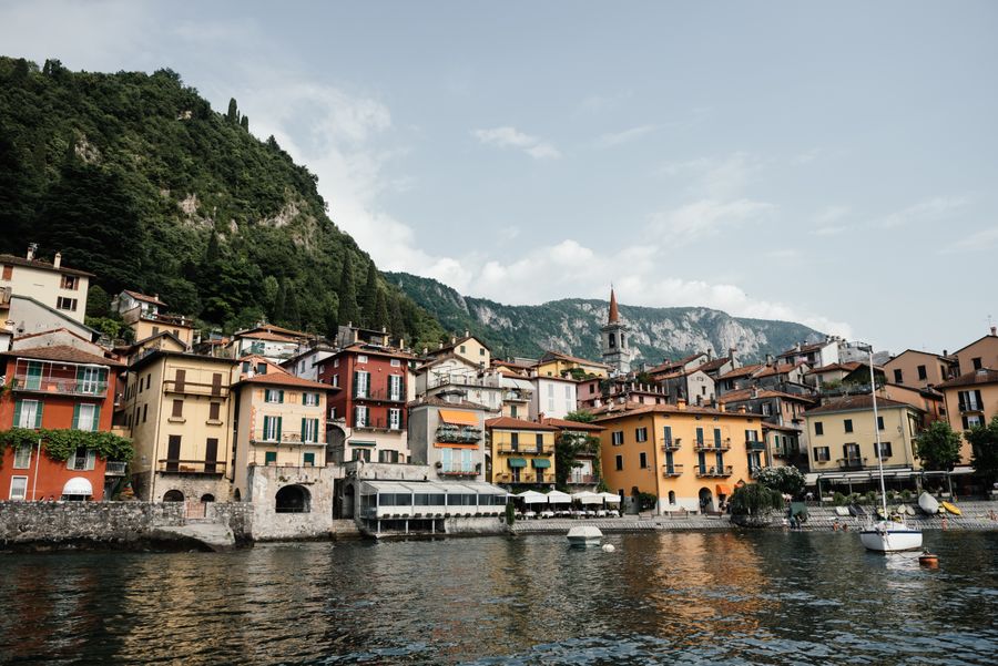Colorful waterfront buildings and lakeside restaurants in Varenna on Lake Como