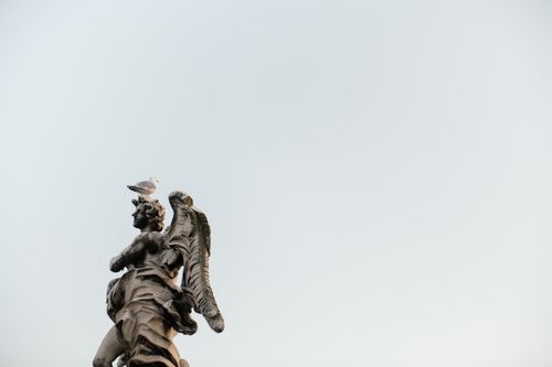 Free A seagull perched on an angel statue against a clear blue sky. Minimalist composition captures serenity. Stock Photo