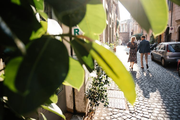 A Back View Of A Couple Walking On The Street