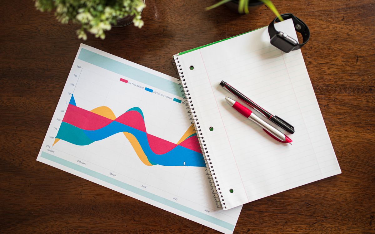 Top view of a workspace with graph, notebook, pens, and smart watch.