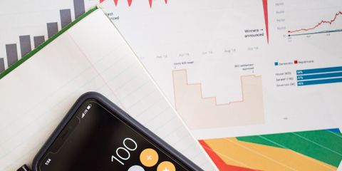 Top view of financial reports with a calculator app open on a smartphone.