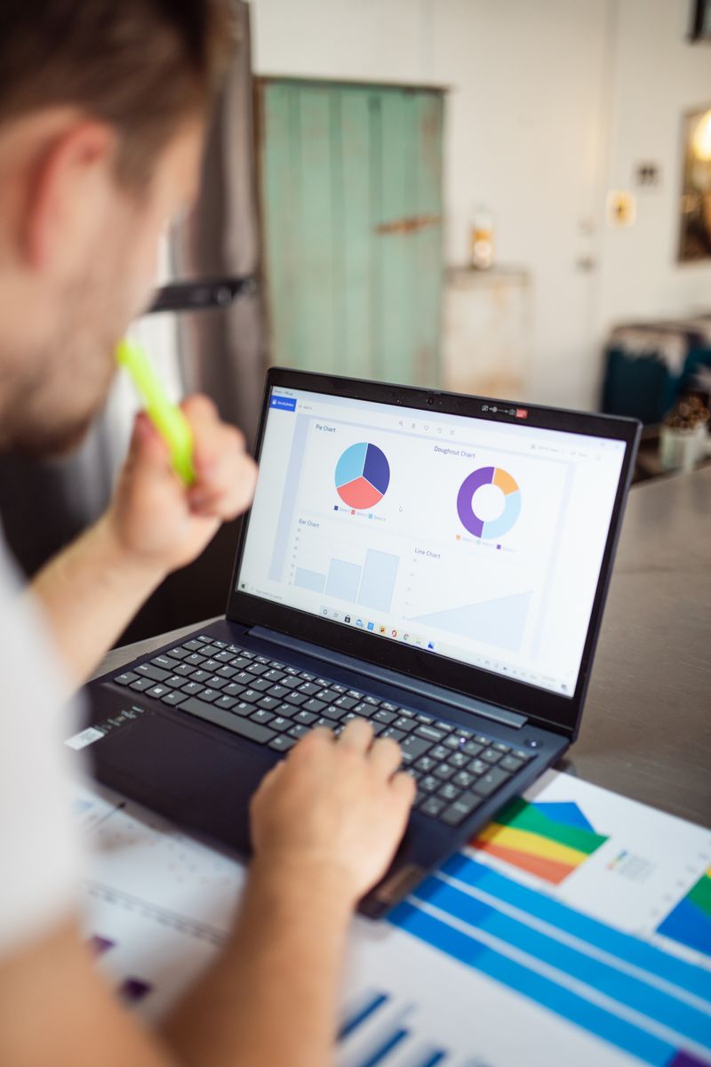 Mann am Laptop mit Kreis- und Balkendiagrammen