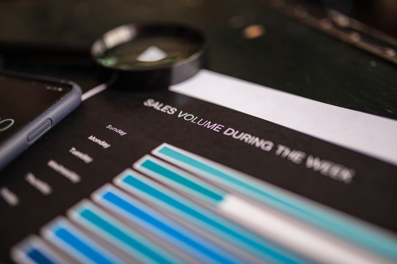 A printed bar chart headed Sales Volume During The Week lying on a dark desk under a magnifying glass, its bars labelled by weekday