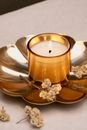 Lighted Candle in Brown Ceramic Saucer
