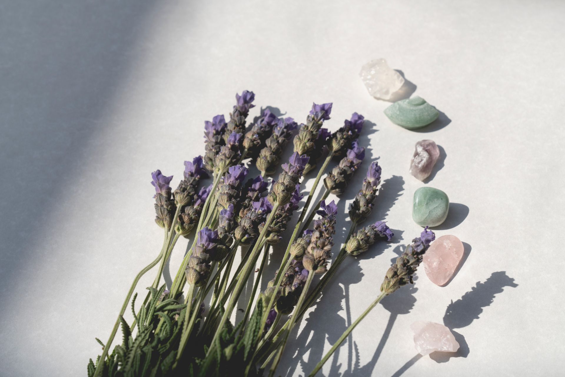 Flat Lay Photography of Gem Stones with Lavender Flowers