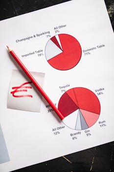 Top-down view of red pencil on pie charts showing alcohol consumption statistics. Ideal for business analytics.
