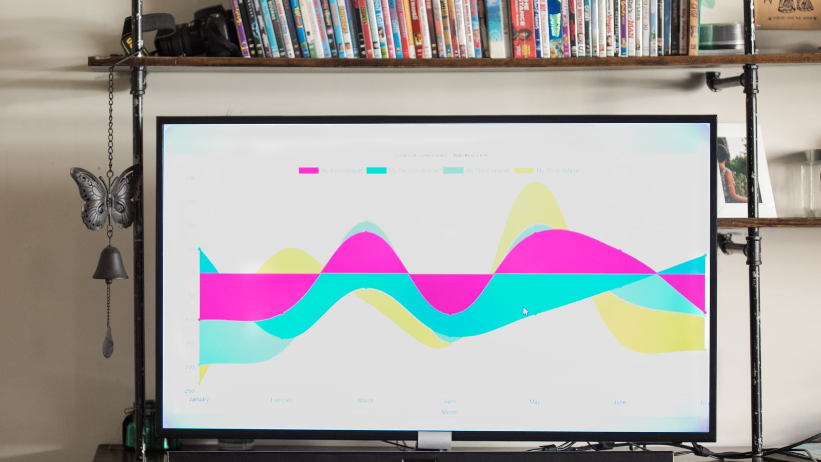 A modern living room with a TV showing a colorful ranking-style chart and a shelf full of DVDs, with no people in the frame, a real free-to-use photo chosen because this story is about ranking the best TV shows of the 21st century. It is not a still from any show and it does not show anyone from a cast