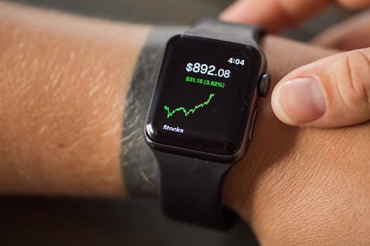 Close-up of a smartwatch showing stock market trends and financial data.