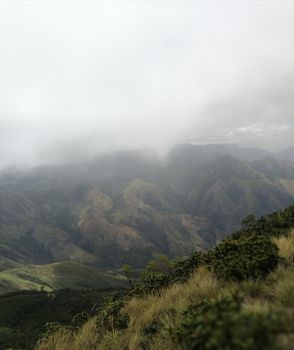 薄雾笼罩的山脉风景点，绿叶郁郁葱葱