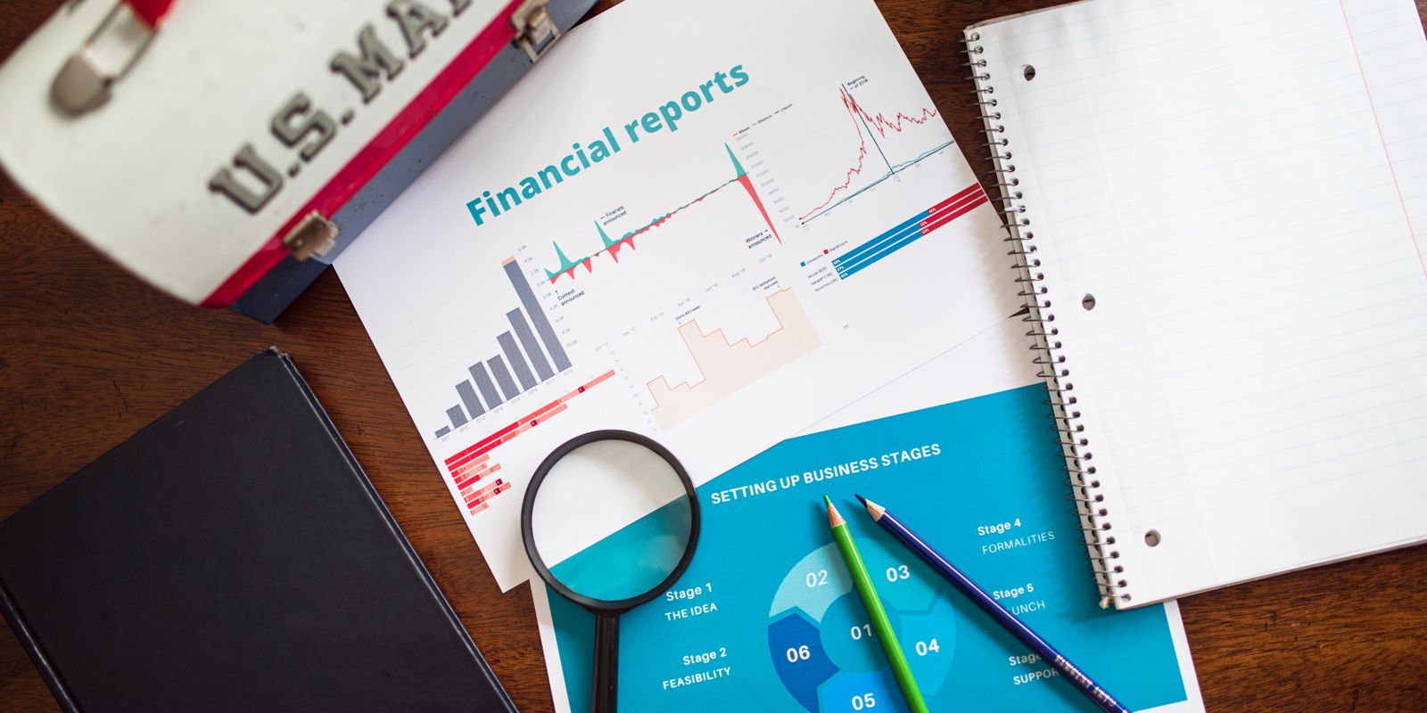 Financial charts and office supplies on a wooden desk, featuring a magnifying glass and US Mail lunchbox.