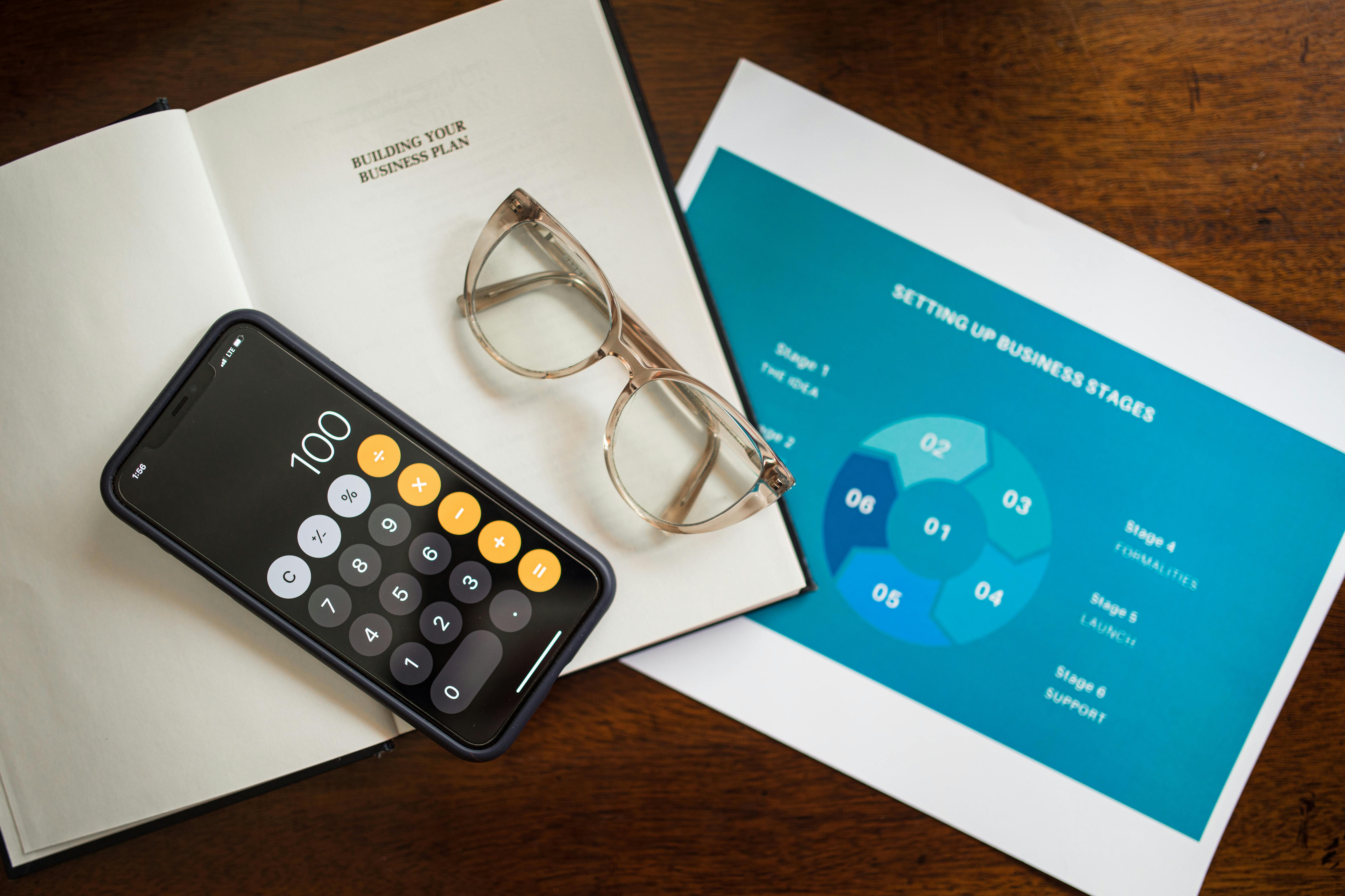 calculator and eyeglasses on document papers