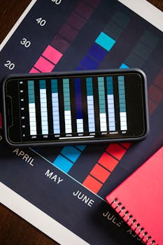 Smartphone displaying data chart on a printed financial graph surrounded by a red notebook.