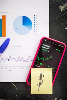 Smartphone displaying stock market data alongside financial charts and a dollar sign note.