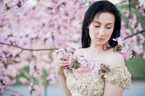 Free Charming female with black hair looking down while standing near sakura tree branches with small flowers in garden on summer day Stock Photo