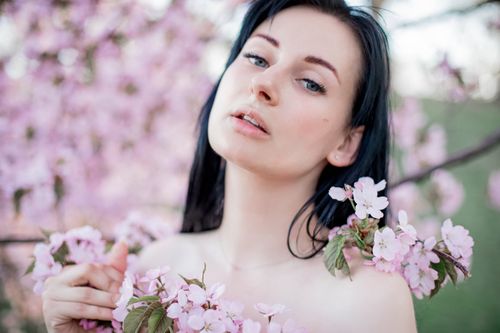 Free Attractive female with dark hair looking at camera while touching blooming branches of sakura tree with small flowers in garden on blurred background Stock Photo