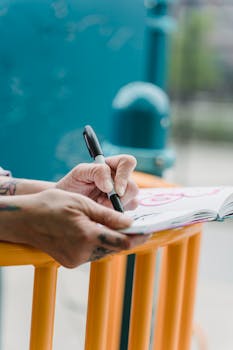 Crop unrecognizable artist with tattoos drawing sketches in notebook on railing on playground in daylight