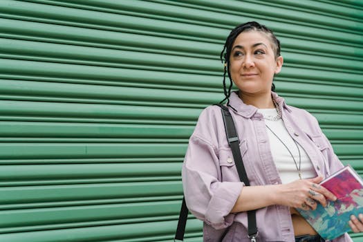 Confident woman with dreadlocks holding notebook outdoors by green shutter.