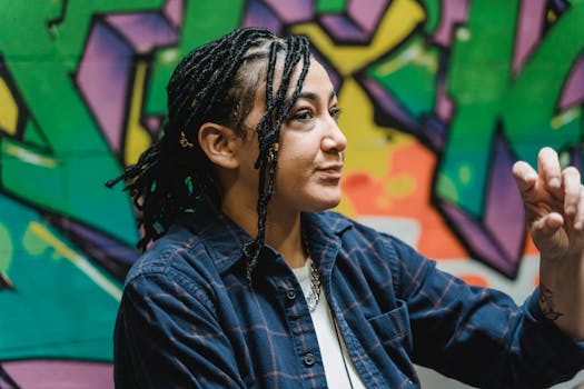 A woman with braided hair poses thoughtfully against a colorful graffiti backdrop.