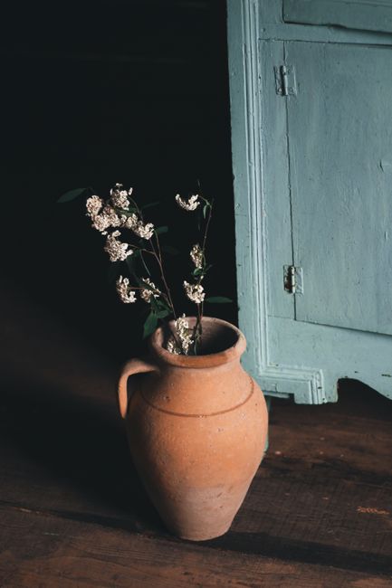 Clay vase with blooming flowers on wooden floor near aged cabinet in light room