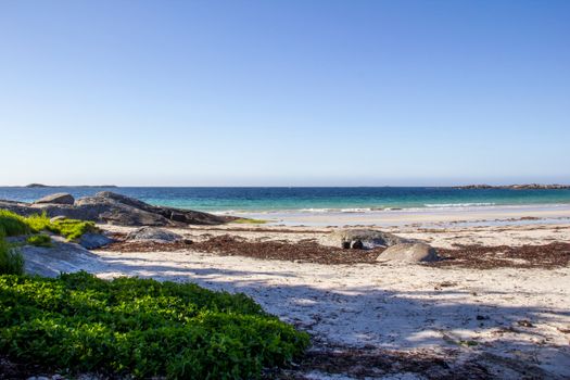 Quiet and serene tropical beach landscape with calm blue sea under a clear sky, ideal for a summer getaway.