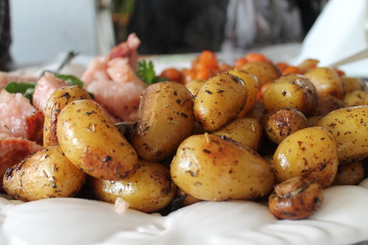 Roasted Potatoes In Close Up Photography