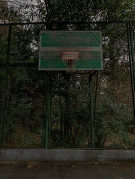 A rustic green basketball hoop set against a lush green backdrop, ideal for street sports themes.