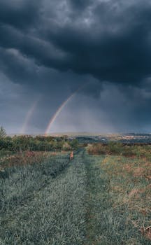 Scenic view of a lush field under dark clouds with a double rainbow in the background.