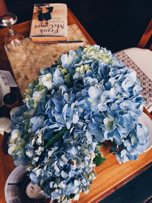 White and Blue Flower Bouquet on Brown Wooden Table