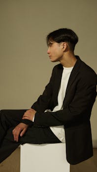 Young man in a black suit sitting indoors with a thoughtful expression.