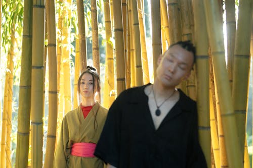 Man And Woman In Their Traditional Wear Standing Near Bamboo Stalks