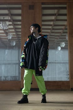 Stylish young man in neon streetwear indoors showcasing modern urban fashion.