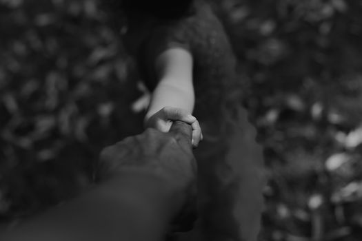 Black and white image of a close-up hand hold, symbolizing trust and connection.