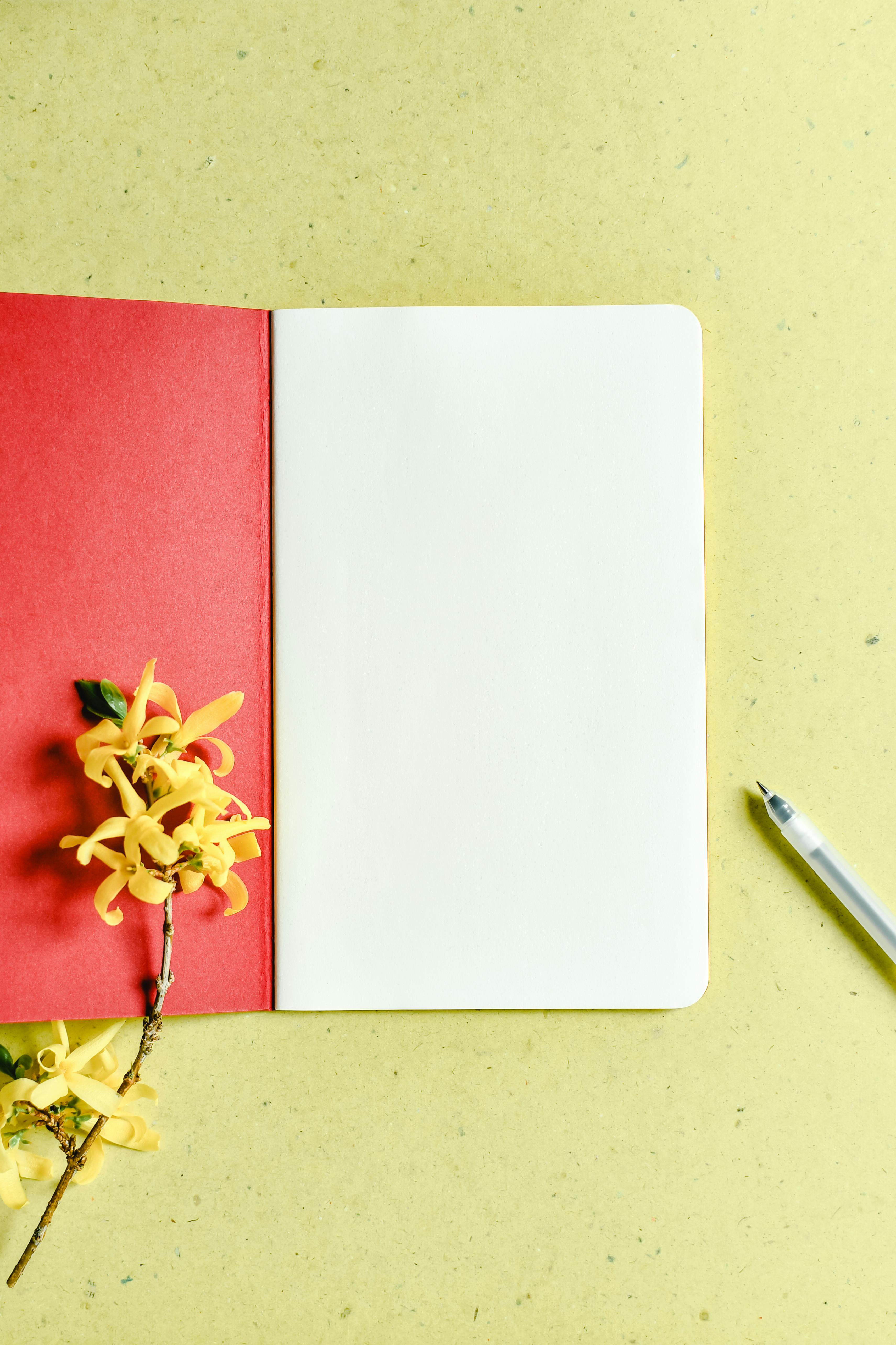 photograph of a red notepad with flowers