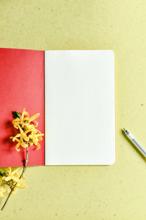 Photograph of a Red Notepad with Flowers